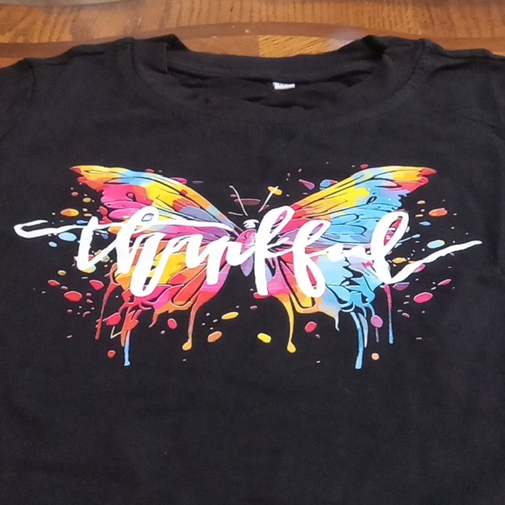 Black Butterfly Thankful Long Sleeve Girls Shirt Colorful - Picture 2 of 5